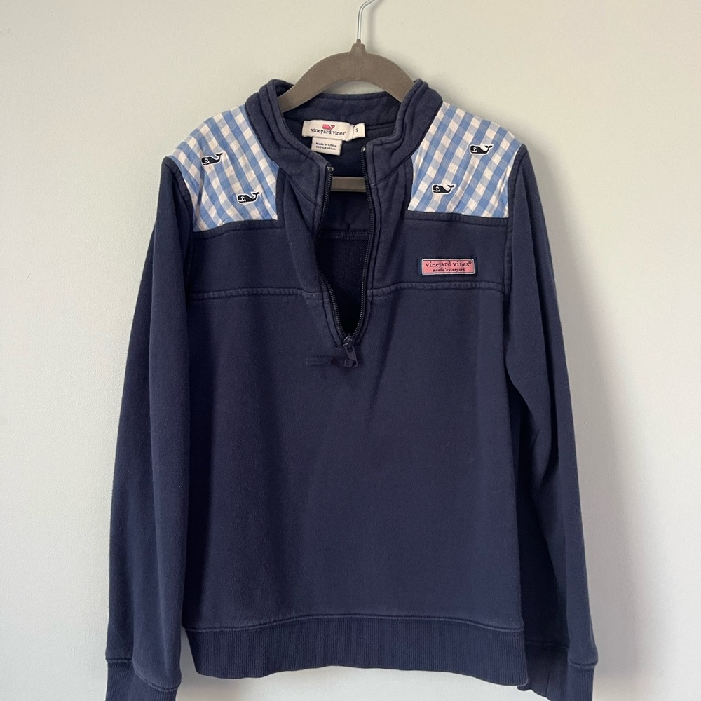 Vineyard Vines Navy Pullover with Blue Check Accents